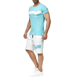 Men's Light Blue <b>White</b> Color Blocking Crew Neck T-Shirt And Shorts Set Casual Summer Wear Breathable Knitted Fabric - Product Image 4