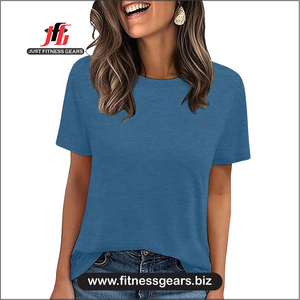 Women's O-Neck Short Sleeve Denim Print T-Shirt Solid Blue Knitted Casual Wear Loose Fit Summer - Product Image 4