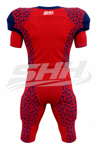 Uniforme de football américain personnalisé rouge et bleu pour hommes, maillot sublimé à imprimé léopard avec pantalon de match assorti, numéro d'équipe personnalisé - Product Image 3