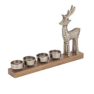 Porte-bougie chauffe-plat en métal argenté en forme de renne avec base en bois de manguier, centre de table rustique de Noël, figurine de cerf décorative festive - Product Image 3