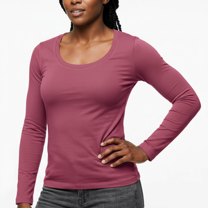 T-shirt à manches longues et col rond pour femme, coupe ajustée, en coton doux extensible, uni, décontracté, personnalisable, OEM, vente en gros, usine du Pakistan - Product Image 1