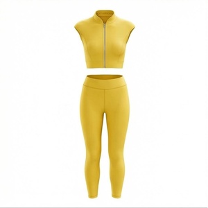 Yellow 2 Piece Yoga Set Sleeveless Crop <b>Top</b> High Waist Full Length Leggings <b>Zipper</b> Front Solid Color Sportswear - Product Image 1