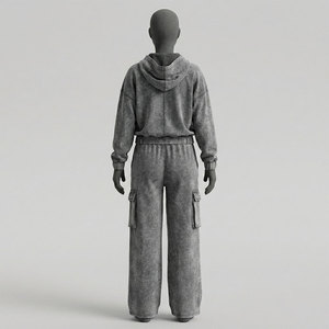 Ensemble 2 pièces en polaire pour femme, style streetwear vintage, brodé, avec sweat à capuche boutonné, gris uni, coupe décontractée, poches cargo pleine longueur - Product Image 3