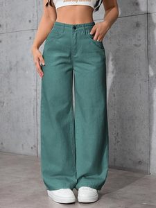 Women's <b>Vintage</b> Sexy Casual Autumn Style Ripped Dark Denim Pants 100% Cotton Mid Waist <b>Boot</b> Cut Full Length Wide Leg - Product Image 3