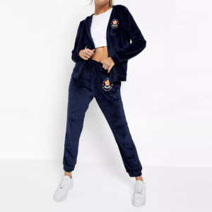 Women <b>Navy</b> Velvet 2 1 Eco-Friendly Tracksuit Set Hooded Full Length Pants Drawstring Side Pockets Floral Embroidery Casual Wear - Product Image 2