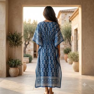 Caftán Holgado de Algodón Hecho a Mano, Versátil, con Auténtica Tintura Índigo, Estampado a Bloques Elegante, Diseño Personalizado, Largo hasta la Rodilla, Talla XL, Estilo Casual - Product Image 3