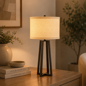 Lámpara de Mesa Metálica Summit Frame con Base Geométrica de Hierro Abierta, Pantalla de Lino Premium, Iluminación Ambiental Cálida para Hogares Modernos - Product Image 1