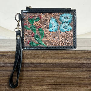 Monedero de Cuero Genuino con Diseño Floral y de Cactus, Estilo Western, con Cierre, para Tarjetas de Crédito y ATM - Product Image 3