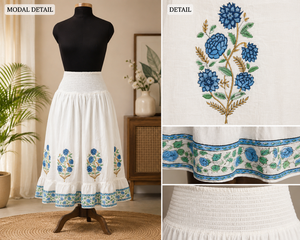 Falda midi blanca con estampado artesanal de Jaipur, cintura elástica fruncida, diseño escalonado, 100% algodón, con estampado floral Butta y borde con volantes. - Product Image 3