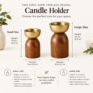 Round Wooden <b>Candle</b> Stand With Brass Bowl Top Home Decorative Lighting Fixture - Product Image 3