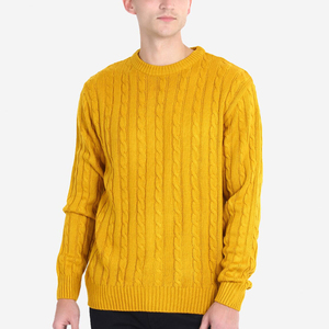 Pull en maille torsadée jaune moutarde pour homme, manches longues, couleur unie, coupe classique, épaisseur standard, collection automne 2026 - Product Image 1