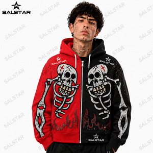 Custom Black <b>Red</b> Skeleton <b>Hoodie</b> Men's Gothic Rhinestone Embroidered Zip Up Hooded Sweatshirt Streetwear Fashion - Product Image 1