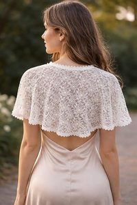 Women White Lace <b>Poncho</b> with Pearl Work Front Open Net Cape Party & Shrug - Product Image 3