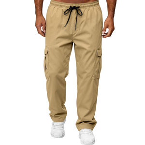 Pantalones Cargo Color Caqui para Hombre, Cintura Elástica con Cordón, Múltiples Bolsillos, Corte Recto Informal, Pantalones de Lona de Peso Medio para Otoño - Product Image 1