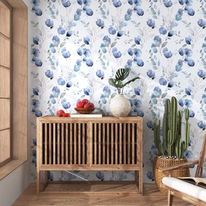 Papel Tapiz Autoadhesivo con Diseño Floral Azul, Papel de Contacto con Hojas Costeras en Acuarela Blanca, Mural Simple para Baño y Dormitorio, Vinilo - Product Image 4