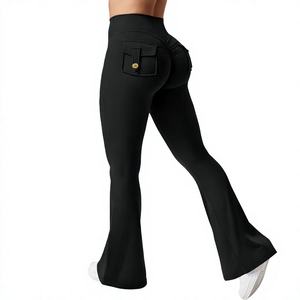 Leggings évasés noirs taille haute, longueur intégrale, extensibles, tricotés, couleur unie, toutes saisons, pantalon pour femmes - Product Image 3