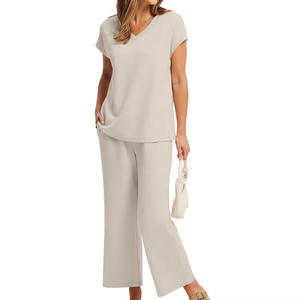 Women's Beige V-Neck Short Sleeve Loose Fit Tracksuit Full Length <b>Pants</b> Side Pockets Drawstring Waist Casual Summer Wear - Product Image 3