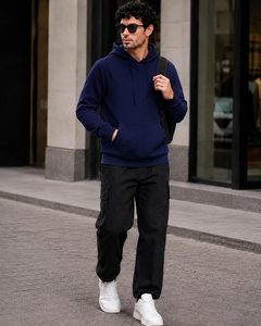 Men's <b>Navy</b> Blue Hooded <b>Sweatshirt</b> Regular Fit Cotton French Terry Casual Pullover with Front Pocket Autumn Wear - Product Image 3
