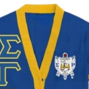 เสื้อคาร์ดิแกน Sigma Gamma Rho สีน้ำเงินรอยัลและสีทอง ปักลายตัวอักษรกรีกแบบกำหนดเอง เสื้อแจ็คเก็ตสเวตเตอร์ปักลายสำหรับชมรมนักศึกษา แฟชั่นวิทยาลัย - Product Image 5