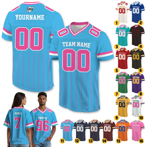 Jersey de Fútbol Americano Personalizable con Rayas Azules y Rosas, Cuello en V, Manga Corta, Absorbente de Humedad, Unisex para Adultos, Impresión Sublimada - Product Image 5