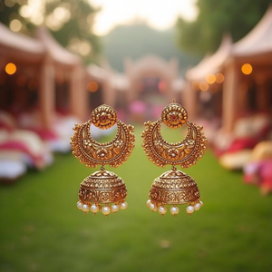 Gold Plated Brass Jhumka Earrings with Pearl Accents for Wedding and Party - Product Image 3