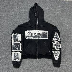 Sudadera de hombre de otoño 100% algodón Terry con cremallera personalizada, lavado ácido, apliques, bordados, pedrería y efecto desgastado, corte oversize - Product Image 1
