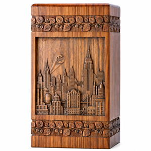 Handcrafted Wooden Urn Carved Cityscape Design Natural Wood Finish Commemoration <b>Keepsake</b> <b>Box</b> Adult Funeral Supply - Product Image 1