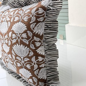 Floral Ruffle Cushion Cover Square Bohemian Style Home Decor Pillowcase Brown <b>White</b> Pattern - Product Image 2