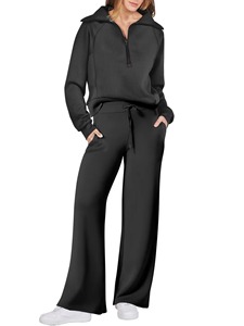 Women Black Quarter-<b>Zip</b> <b>Hooded</b> Tracksuit Set Full Sleeve Solid Color Casual Sweatpants With Drawstring Loose Fit Autumn Wear - Product Image 1