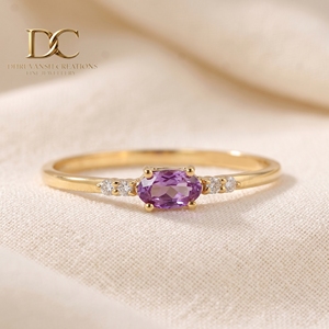 Anillo Minimalista de Oro Amarillo Sólido de 9K con Alejandrita Cultivada en Laboratorio y Diamante Cultivado en Laboratorio, Joyería Fina de Lujo para Mujer, para Aniversario o Fiesta - Product Image 3