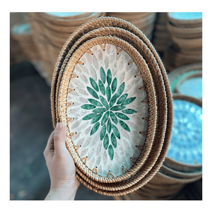 Handcrafted Vietnam Rattan Serving <b>Tray</b> with Mother of Pearl Woven Coffee <b>Breakfast</b> <b>Tray</b> - Product Image 3