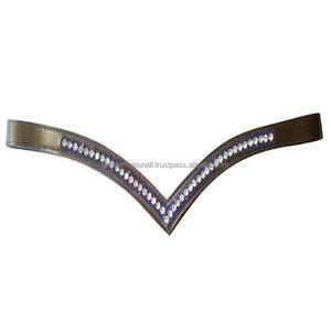 Bande de front de cheval en cuir de canal vide fait à la main de qualité supérieure incrustée 1 rangée de cristaux décoratifs argentés et bleus bande de front Mega Bling - Product Image 2