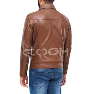 Chaqueta de cuero genuino marrón para hombre OEM ODM, estilo con cremallera y bolsillos laterales dobles. - Product Image 5