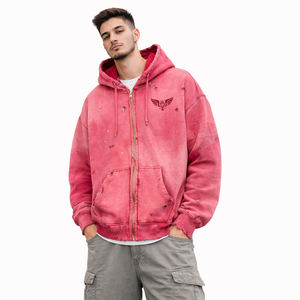 Sudadera con capucha y cremallera completa para hombre, estilo vintage, lavada y desgastada, de talla grande, estilo urbano, disponible en todos los colores, al por mayor - Product Image 1