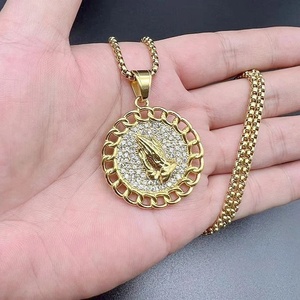 Collier pendentif main de prière Hip Hop en acier inoxydable plaqué or, chaîne à maillons, bijou unisexe, cadeau - Product Image 2