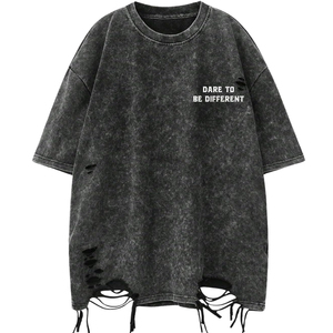 Camiseta Oversize de Algodón Desgastado para Hombre, Estilo Urbano, Manga Corta, Cuello Redondo, Estampado de Letras, Negro Lavado, Largo - Product Image 1