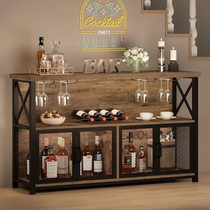 Meuble bar industriel en bois avec structure métallique, casier à vin, porte-verres, buffet de bar à domicile, unité de présentation - Product Image 1