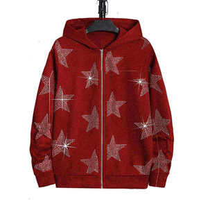 Sweat-shirt à capuche rouge avec fermeture éclair, imprimé étoiles en strass, coupe classique, unisexe, décontracté, veste en polaire respirante, vêtements d'automne - Product Image 1