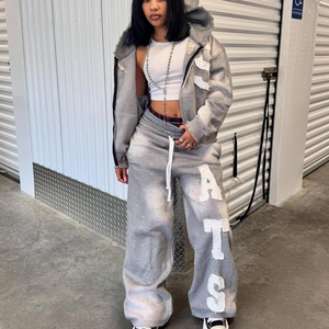 Hot Selling 100% Cotton Acid Wash Fade Tracksuit Distressed Embroidered Patch Logo Heavyweight Autumn Set Applique Street Wear - Product Image 5