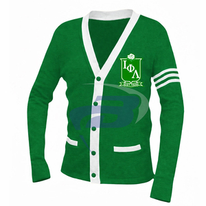Suéter Cárdigan de la Hermandad Iota Phi Lambda, Verde Tejido con Rayas Blancas y Logotipo Bordado, Ropa de la Hermandad IPL Griega - Product Image 2