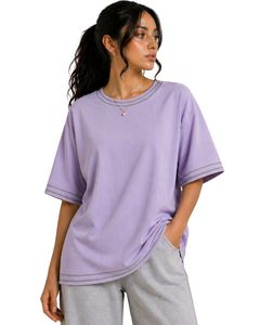 Lavender Grey Stripe Women Oversized T Shirt Casual Crew Neck Short Sleeve Contrast Trim Loose Fit Soft Breathable Summer <b>Top</b> - Product Image 1