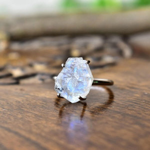 Handcrafted <b>Brass</b> Rainbow Moonstone <b>Ring</b> for Women Raw Hexagonal Natural Stone Handmade Boho Vintage Style Jewelry - Product Image 1
