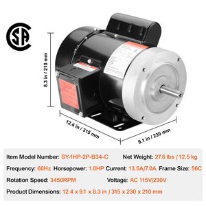 Motore AC Monofase 1HP 3450 Giri/min 115V/230V Telaio 56C Albero Scanalato da 5/8'' Rotazione CW/CCW per Compressore d'Aria - Product Image 4