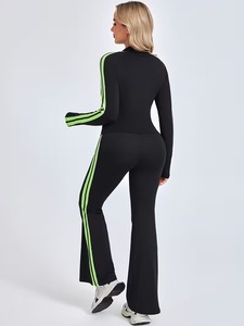 Womens Slim Fit <b>Zip</b> <b>Up</b> <b>Jacket</b> and Flared Pants Tracksuit Set | Two Piece Activewear Suit with Thumbholes & Stripe Print - Product Image 2