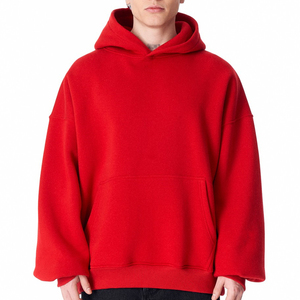 เสื้อฮู้ดดี้สีแดงทรงหลวม กระเป๋าหน้าขนาดใหญ่ ซับในผ้าเทอร์รี่เนื้อนุ่ม ปลายแขนเสื้อแบบริบ คอเสื้อแบบสวม สไตล์ลำลอง - Product Image 1
