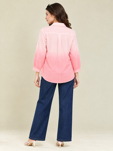 เสื้อเชิ้ตสีชมพูไล่เฉดสีสำหรับผู้หญิง แขนเก้าส่วน แบบลำลองติดกระดุม - Product Image 2