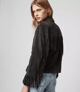 Women's <b>Black</b> <b>Suede</b> Fringed Moto <b>Jacket</b> Turn-Down Collar Full Sleeve Short Length Autumn Style - Product Image 5