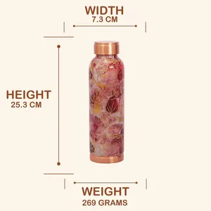 Bouteille d'eau en cuivre design, motif floral artistique, matériau en cuivre, impression Meena, couleur rose, finition brillante, taille 25,3 cm de hauteur - Product Image 2