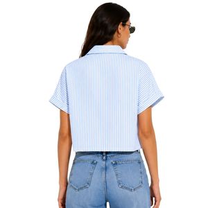 Camisa Corta a Rayas Azul Claro y Blanco Personalizada para Mujer, Blusa Casual de Verano con Botones y Logotipo Bordado Personalizado OEM - Product Image 2