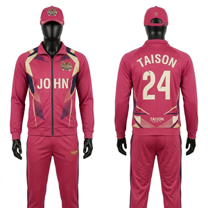 Ensemble d'entraînement de cricket pour hommes, 300 GSM, polyester interlock, rose, marine, panneaux latéraux dorés, logo d'équipe personnalisé par sublimation, survêtement - Product Image 1